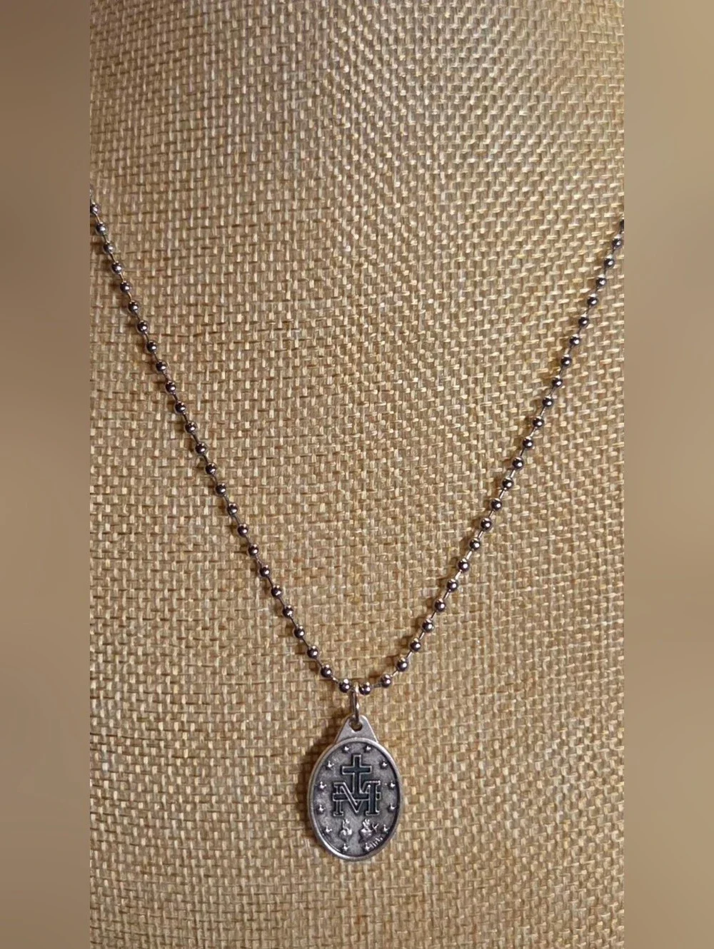 NWOT Italy Miraculous Medal Necklace Silver Virgin Mary Pendant 1830 Ball Chain